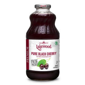 Lakewood Black Cherry Pure bottle on the counter highlighting 100 percent juice quality and packaging.