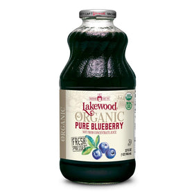 Lakewood Blueberry Juice bottle close-up reveals pure organic flavor.