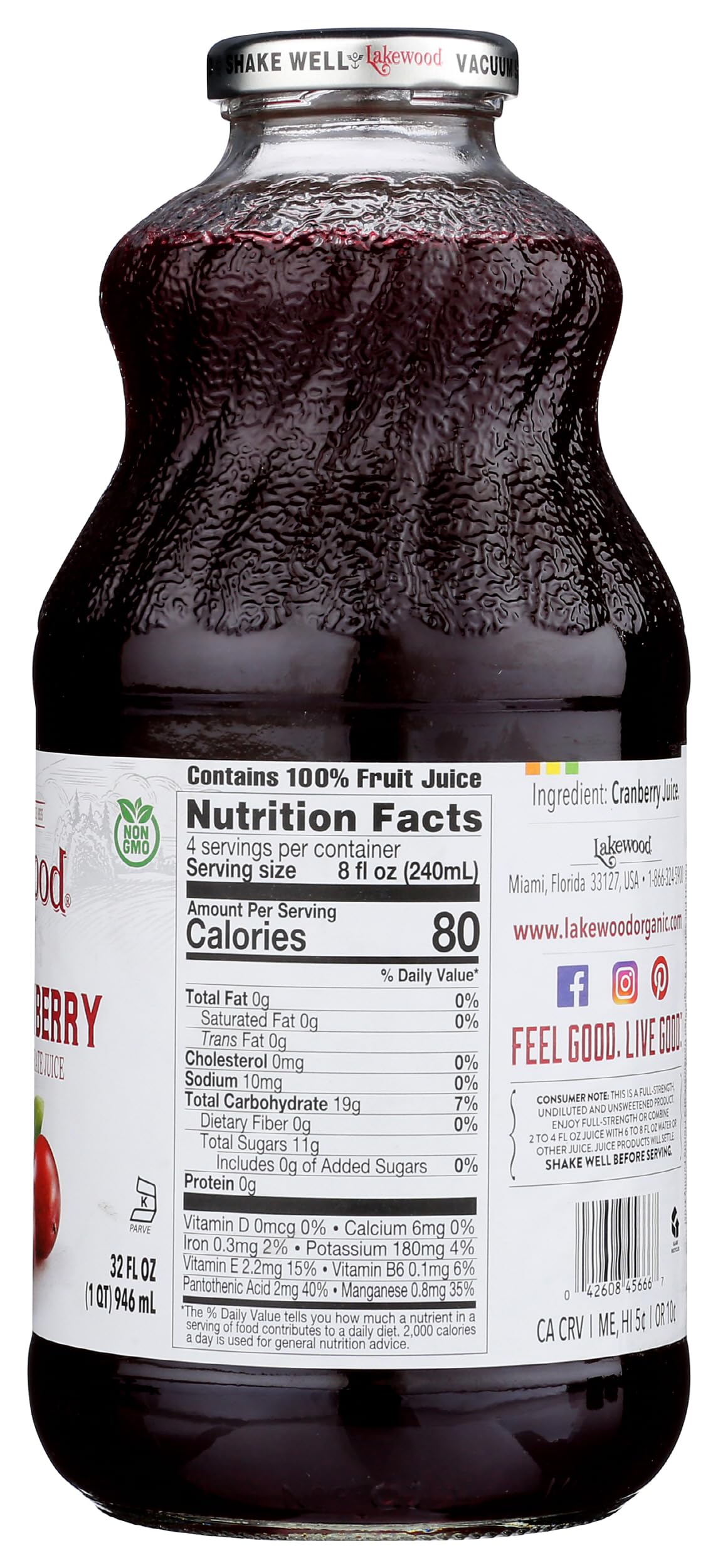 Lakewood Cranberry Juice glass bottle, BPA/BPS/DEHP free packaging.