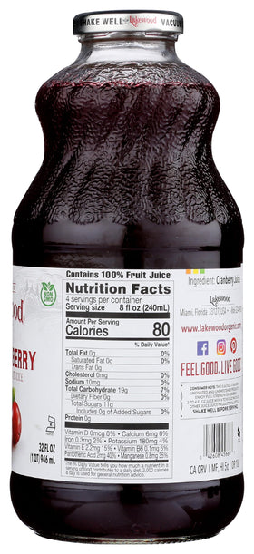 Lakewood Cranberry Juice glass bottle, BPA/BPS/DEHP free packaging.