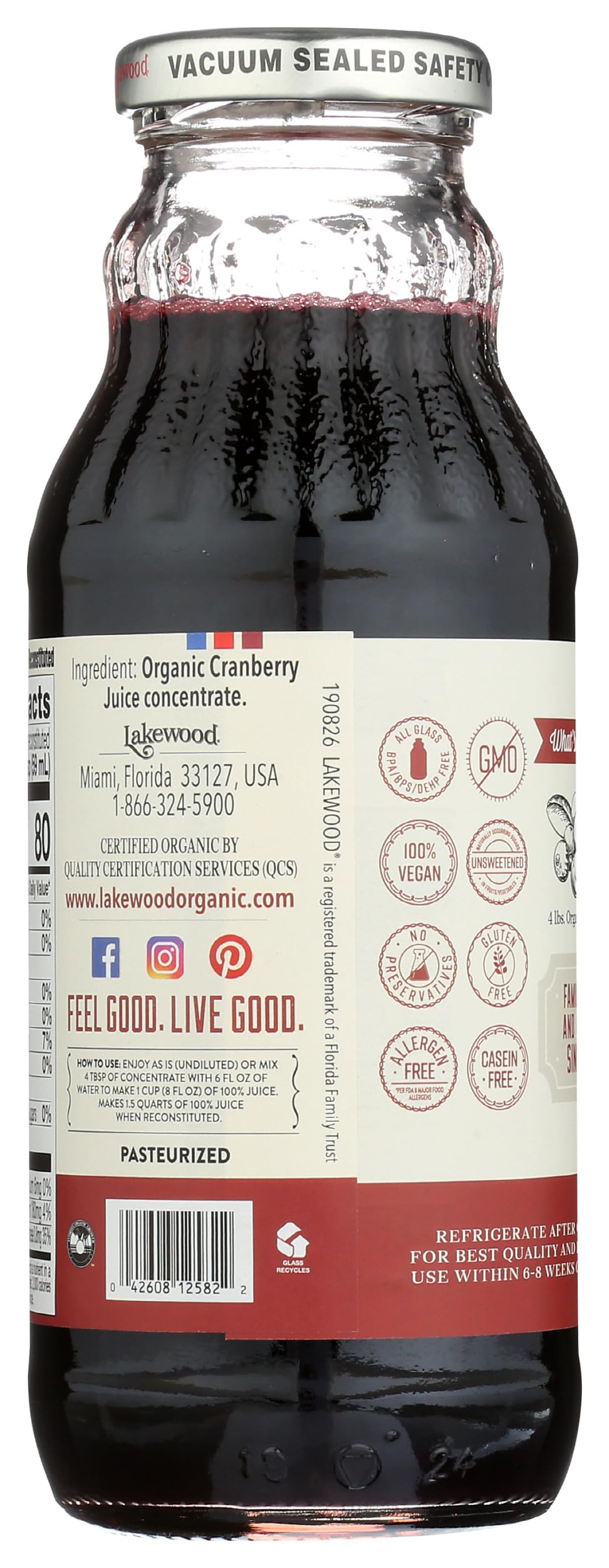 Lakewood Organic Cranberry Juice Concentrate bottle back label with organic details