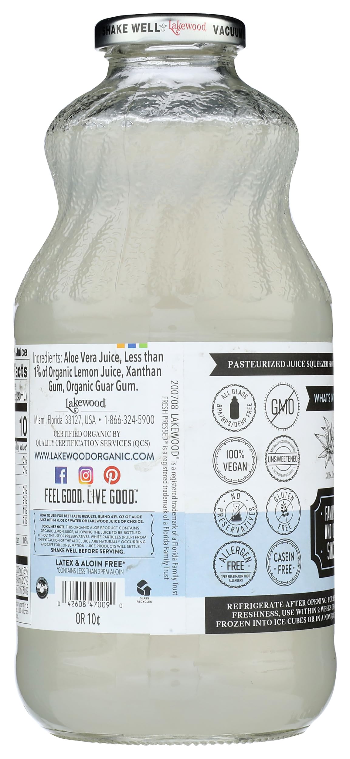 Lakewood Organic Aloe Vera Gel Juice bottle label closeup showing organic standards