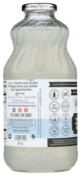 Lakewood Organic Aloe Vera Gel Juice bottle label closeup showing organic standards
