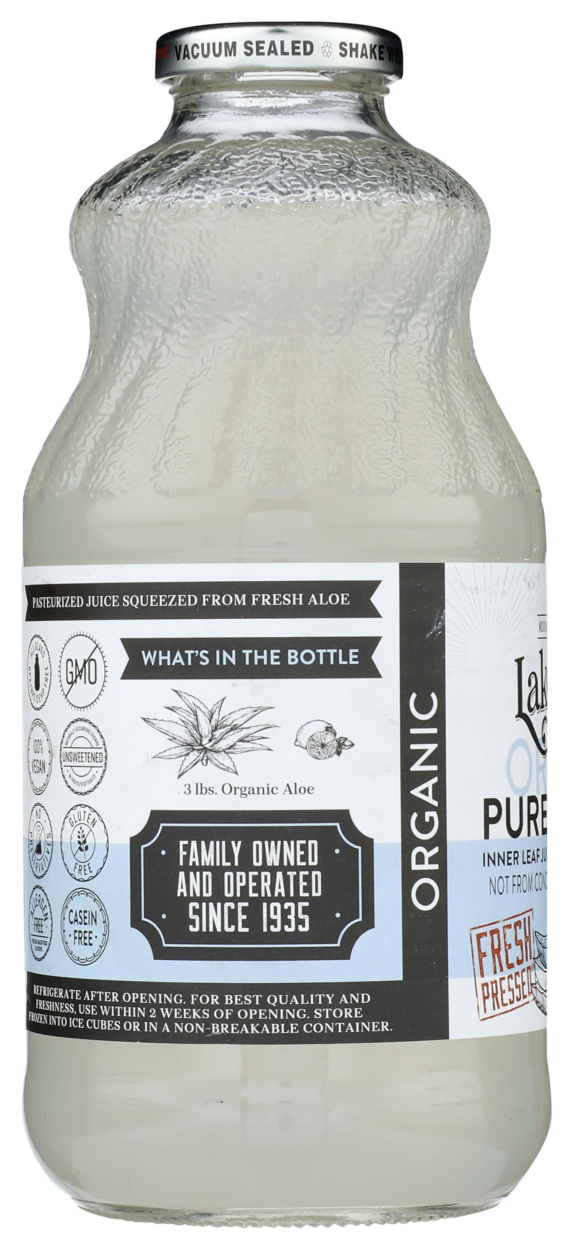 Lakewood Organic Aloe Vera Gel Juice ingredient panel with organic sourcing info
