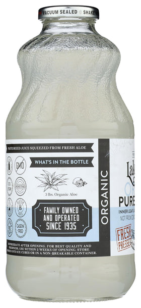 Lakewood Organic Aloe Vera Gel Juice ingredient panel with organic sourcing info