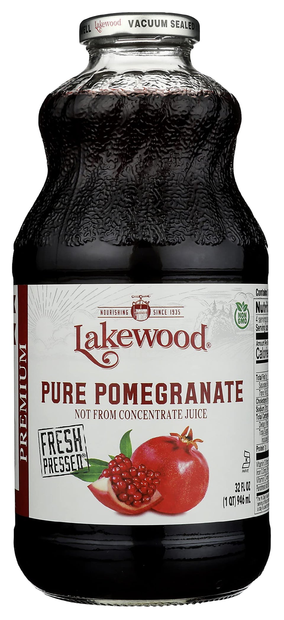 Lakewood Organic Pomegranate Juice 32oz bottle with vibrant color and natural flavor
