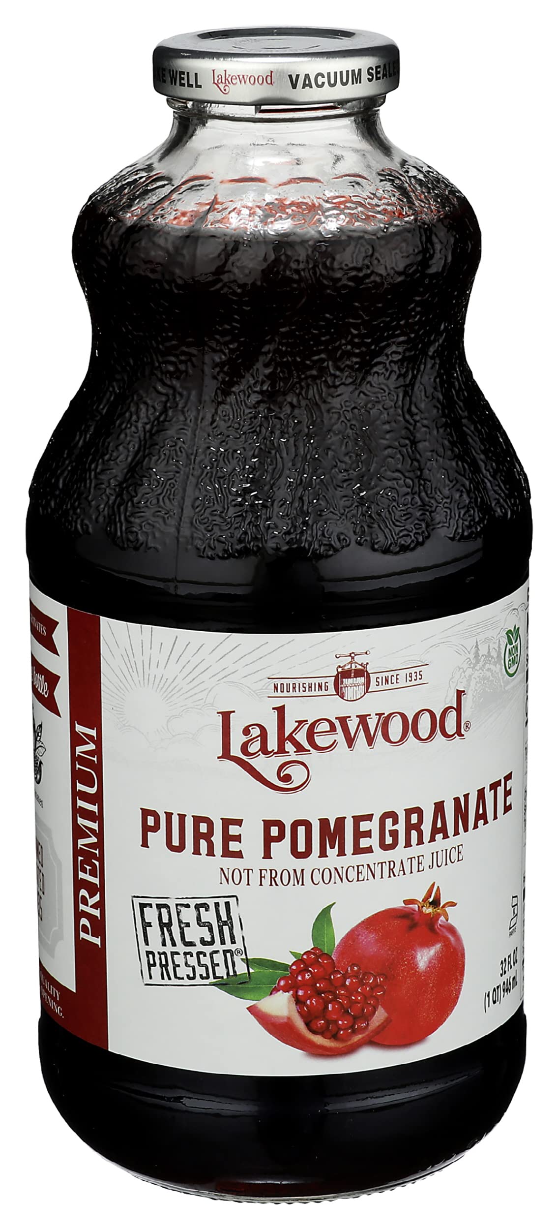 Lakewood Organic Pomegranate Juice label close-up highlighting non-GMO and 100% juice