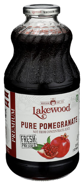 Lakewood Organic Pomegranate Juice label close-up highlighting non-GMO and 100% juice