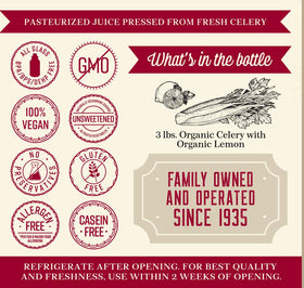 Pouring Lakewood Organic Pure Celery Juice, ideal for quick, refreshing hydration.