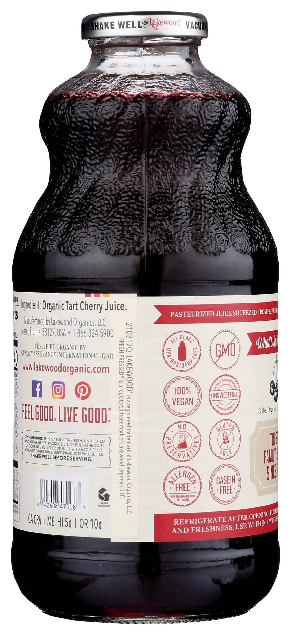 Lakewood Organic Pure Cherry Tart Juice being poured into glass, ideal for unwinding.