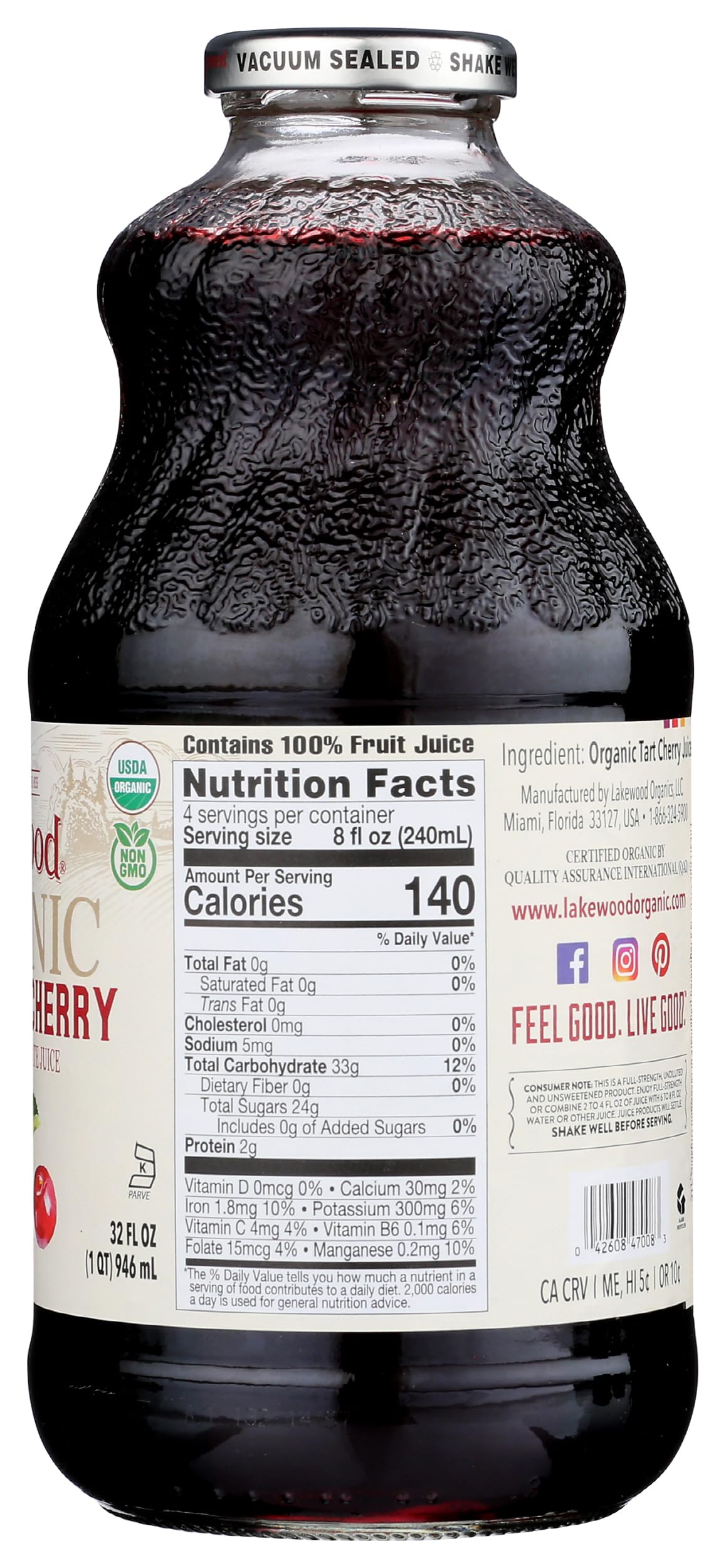Lakewood Organic Pure Cherry Tart Juice ingredients label, highlighting organic cherries.