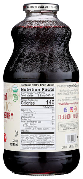 Lakewood Organic Pure Cherry Tart Juice ingredients label, highlighting organic cherries.