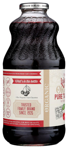 Lakewood Organic Pure Cherry Tart Juice packaging on shelf, ready for a family pantry.