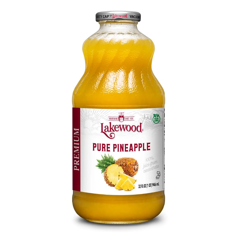 Lakewood Pineapple Juice 32 oz bottle, front view for tropical refreshment.