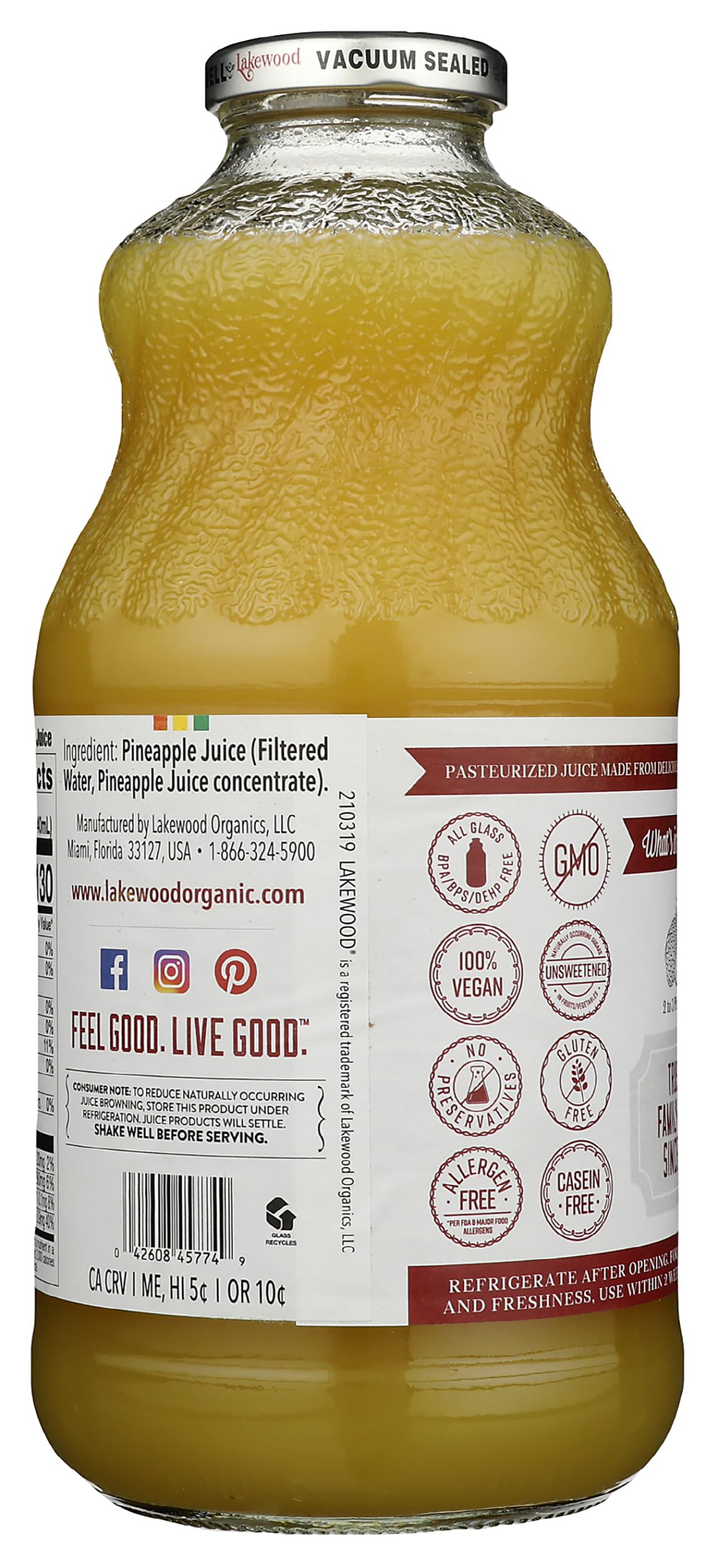 Lakewood Pineapple Juice label close-up shows pure juice quality.