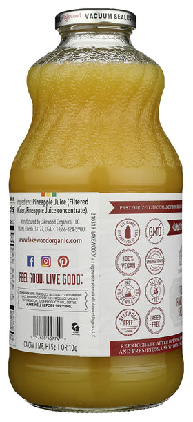 Lakewood Pineapple Juice label close-up shows pure juice quality.