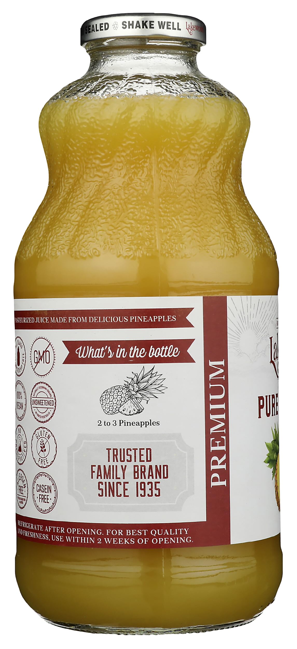 Lakewood Pineapple Juice nutrition panel close-up.