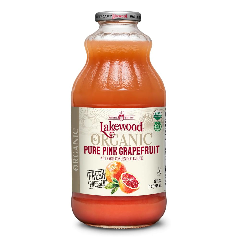 Lakewood pink grapefruit juice bottle offers a refreshing, unsweetened citrus sip for daily wellness.
