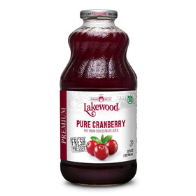 Lakewood Pure Cranberry Juice bottle in glass, 32 oz, unsweetened flavor.