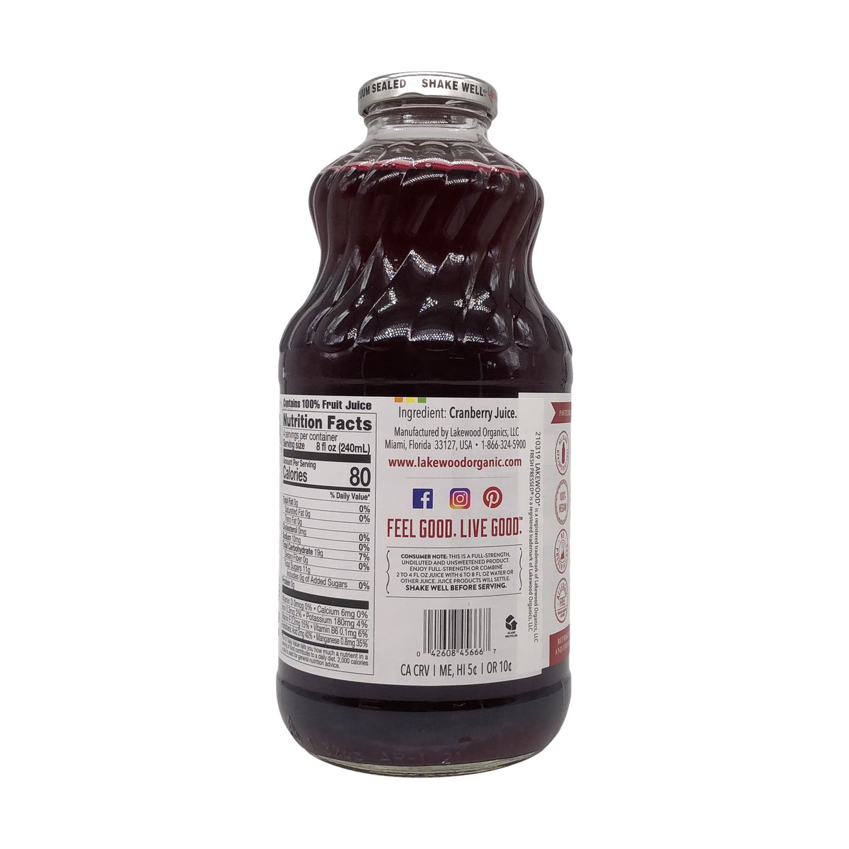 Lakewood Pure Cranberry Juice label detail with KO-K certification.