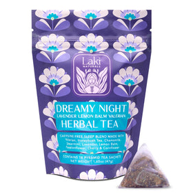 Laki Naturals Dreamy Night Tea packaging ready for a calming evening ritual