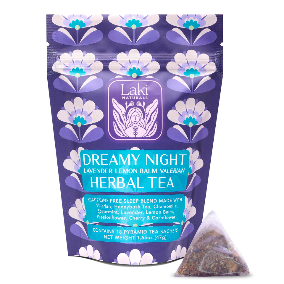 Laki Naturals Dreamy Night Tea packaging ready for a calming evening ritual