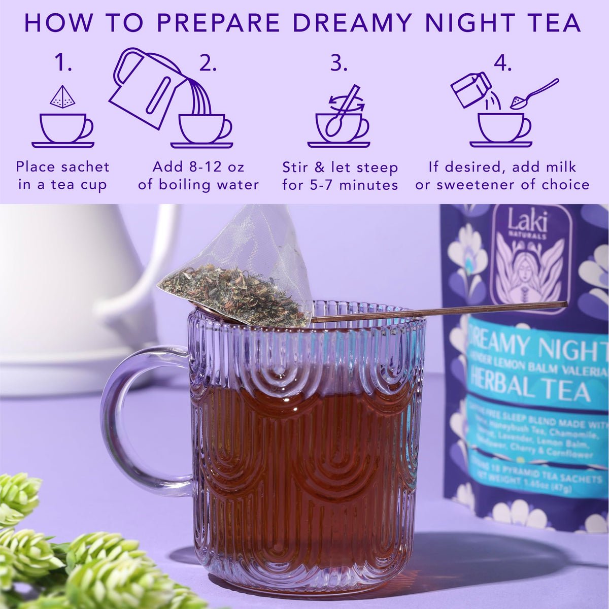Steam rises from a cup of Laki Naturals Dreamy Night Tea for winding down