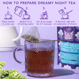 Steam rises from a cup of Laki Naturals Dreamy Night Tea for winding down