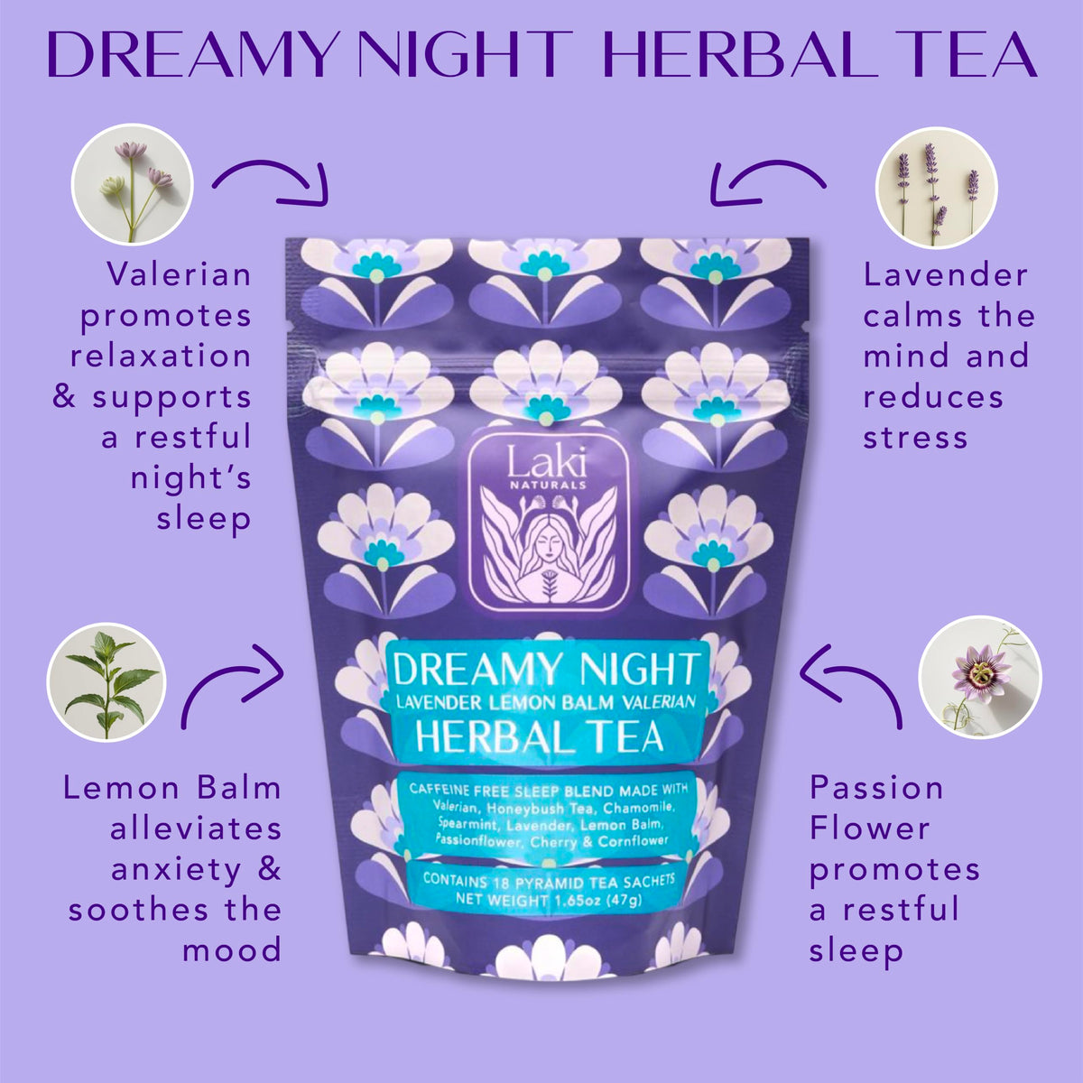 Pyramid tea sachets of Laki Naturals Dreamy Night Tea ready for bedtime