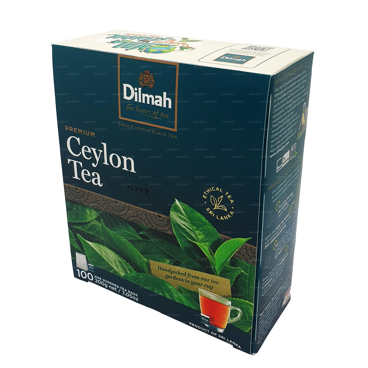 Lakpura Dilmah 200g tea bags close-up tag and non-foil packaging.