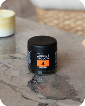 Close-up of glossy LAKRIDS BY BÜLOW licorice with habanero finish