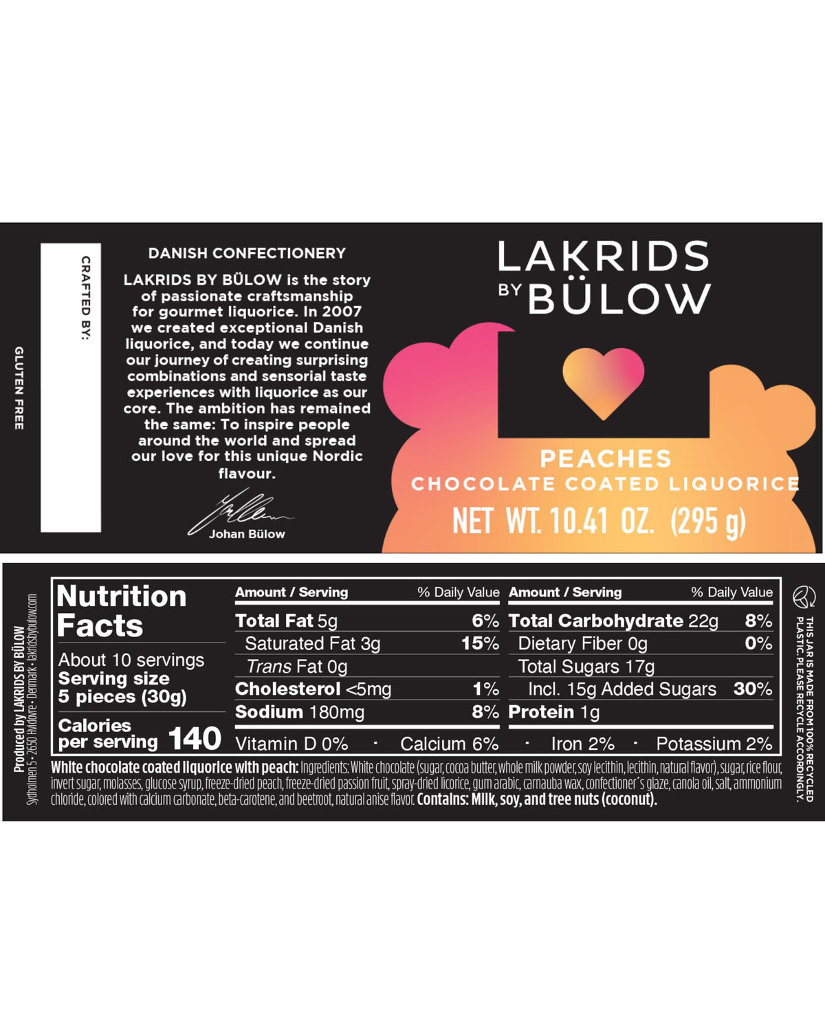 LAKRIDS BY BÜLOW Peaches ingredients list illustration communicates careful sourcing.