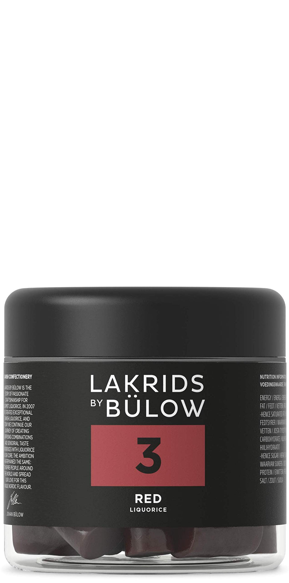 LAKRIDS BY BÜLOW red licorice jar close-up showing premium chewy texture.