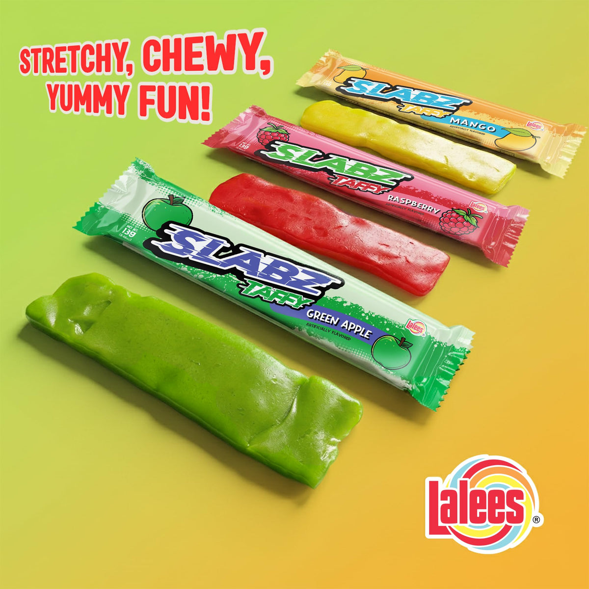Lalees Taffy Slabz bulk 60-count packaging shown for events