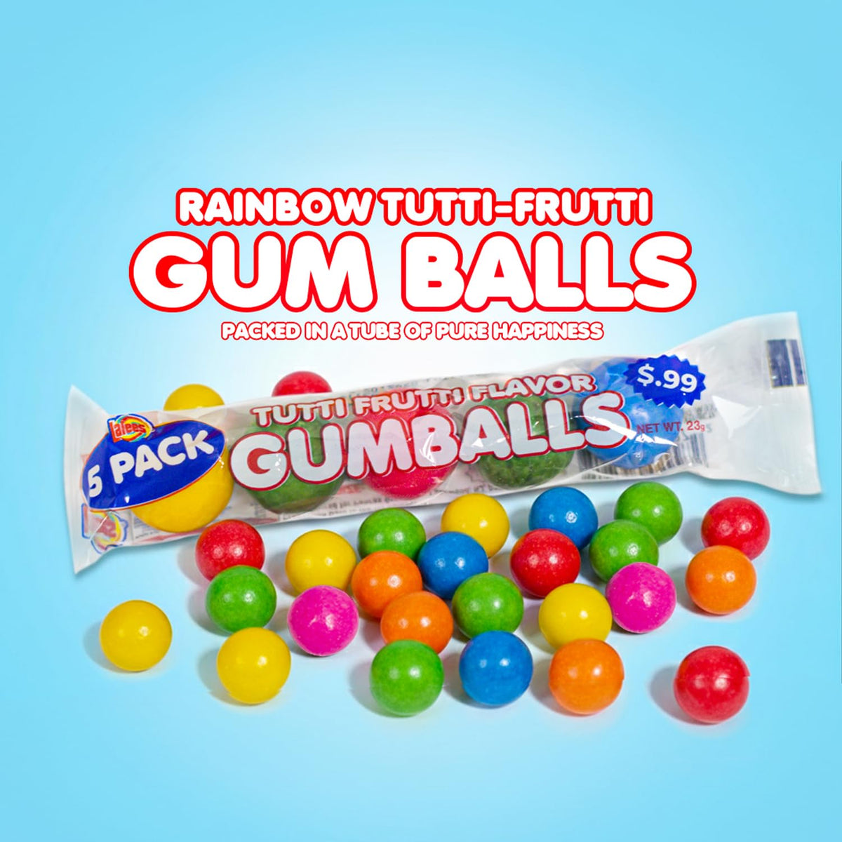 Lalees Tutti Frutti flavors in colorful gumballs for kid-friendly treats and crowd appeal.