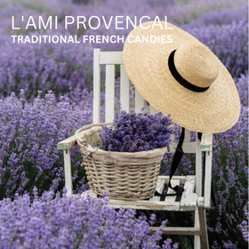 L'Ami Provencal pressed flower violet candies close-up, natural and elegant.