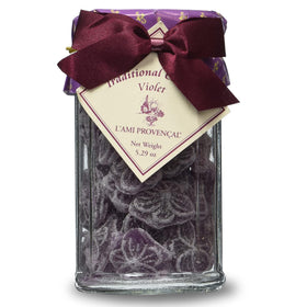 L'Ami Provencal violet candy in decorative glass jar, perfect for gifting.