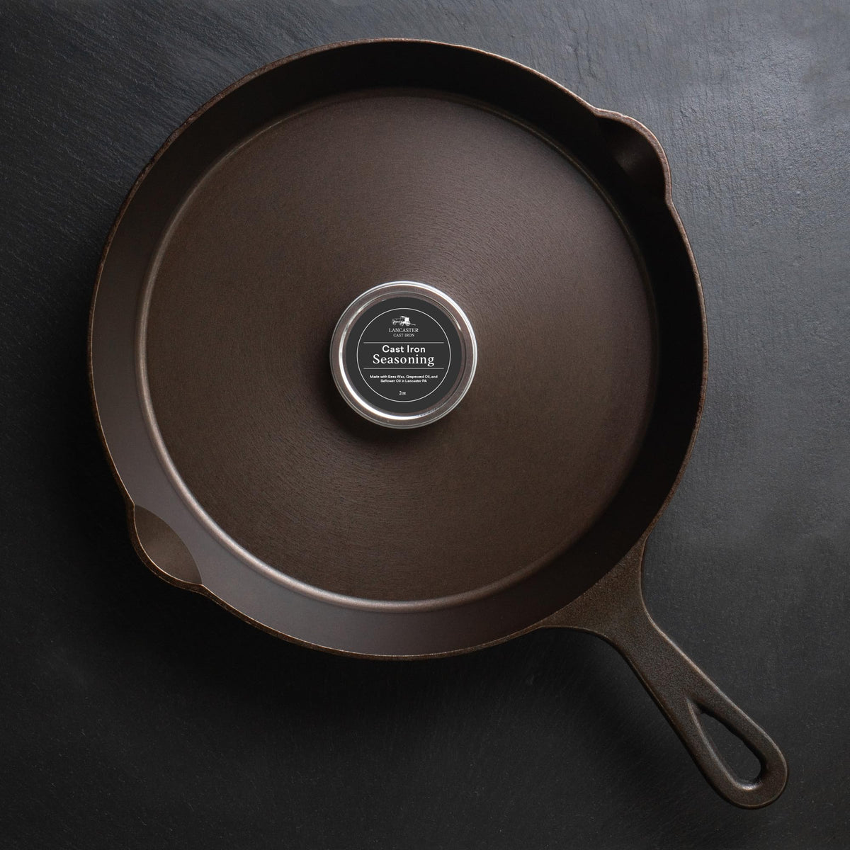 Lancaster Cast Iron Seasoning finish after buffing to reveal protective shine.