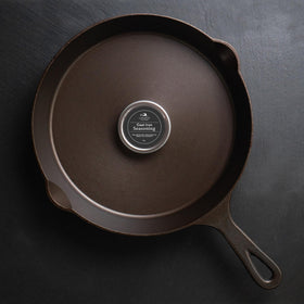 Lancaster Cast Iron Seasoning finish after buffing to reveal protective shine.