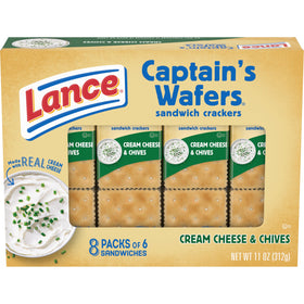 Lance Captain's Wafers Cream Cheese and Chives packaging, a convenient lunch-box snack.