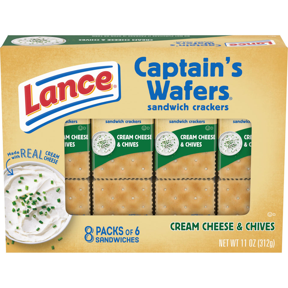Lance Captain's Wafers Cream Cheese and Chives packaging, a convenient lunch-box snack.