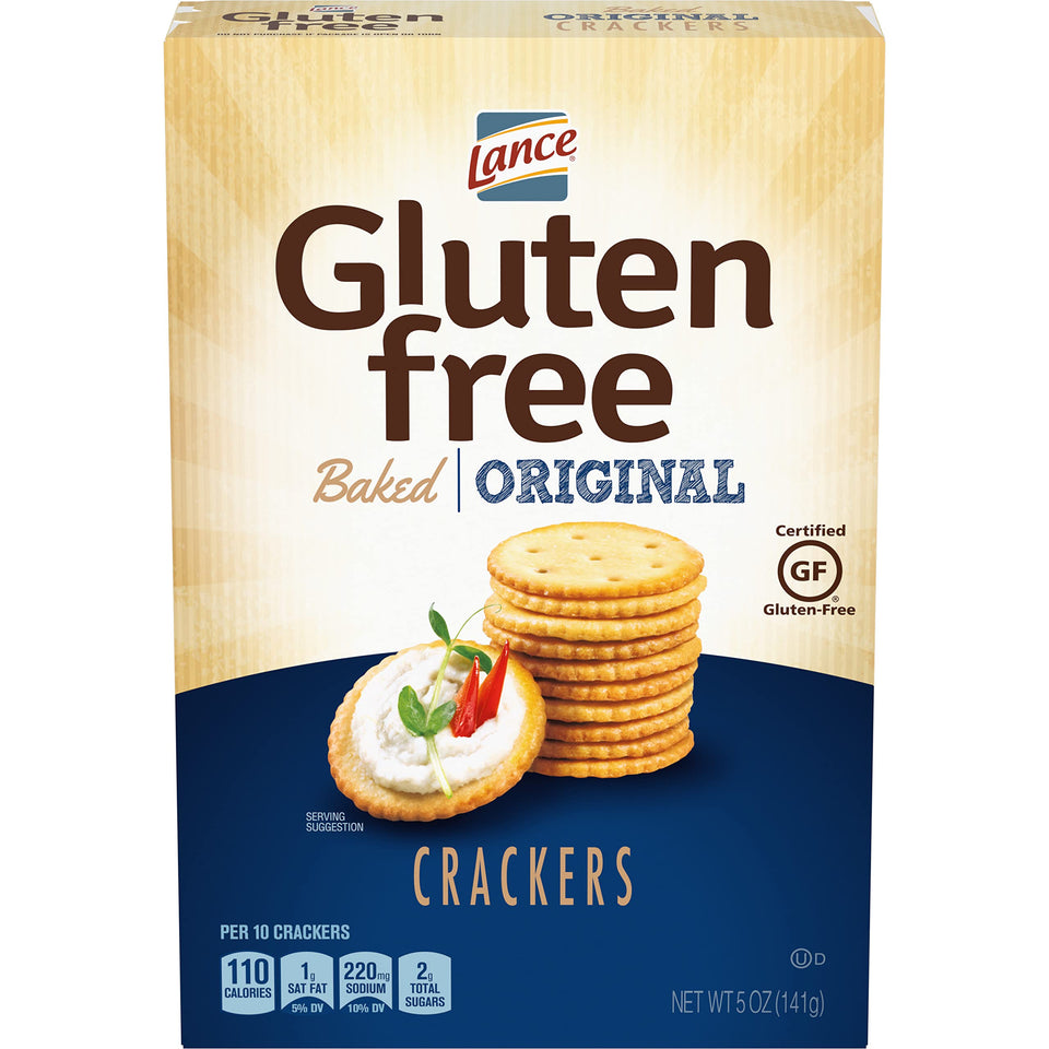 Lance gluten free crackers original baked 5-ounce box close-up ready for cheese boards.