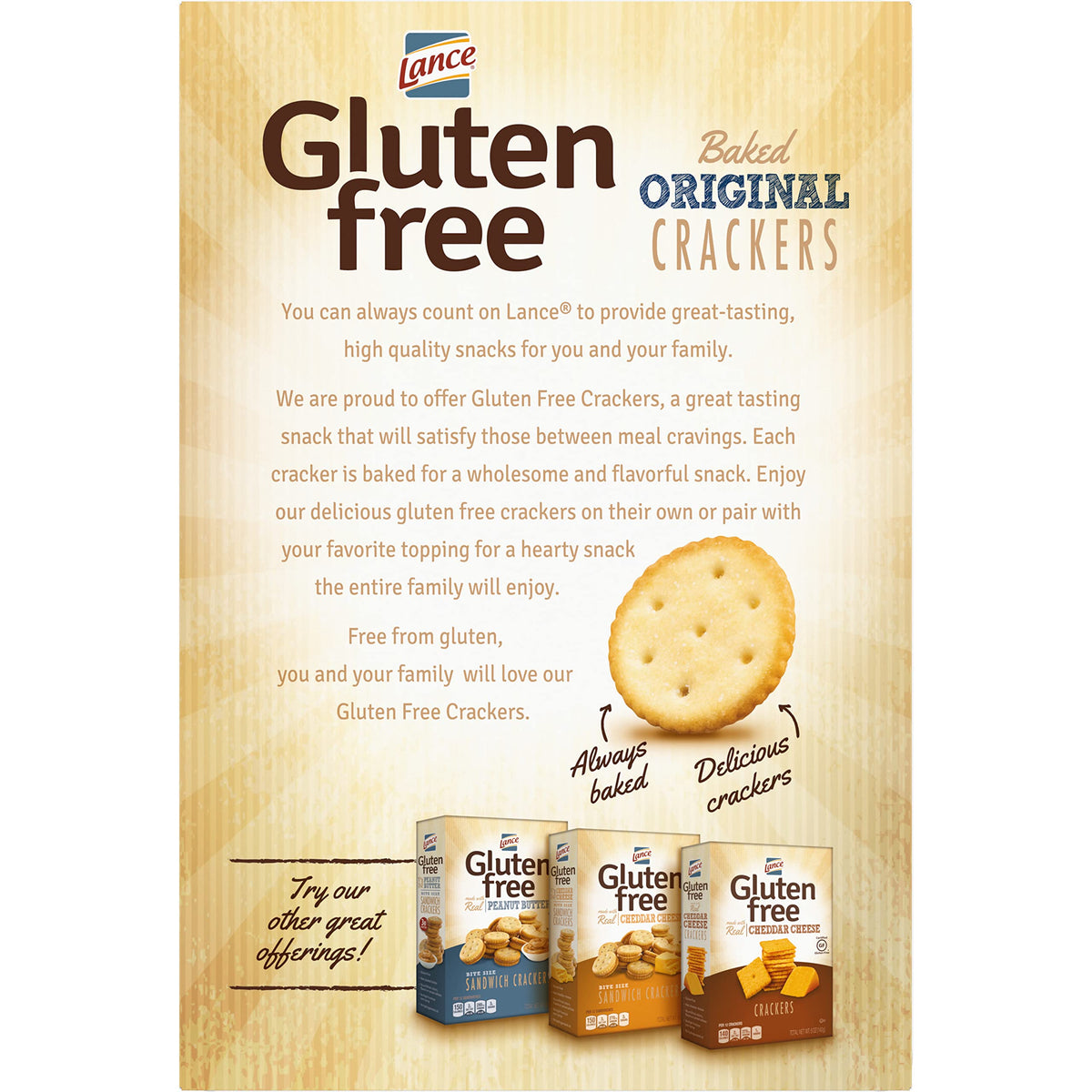 Lance gluten free crackers original baked 5-ounce box atop cheese board.