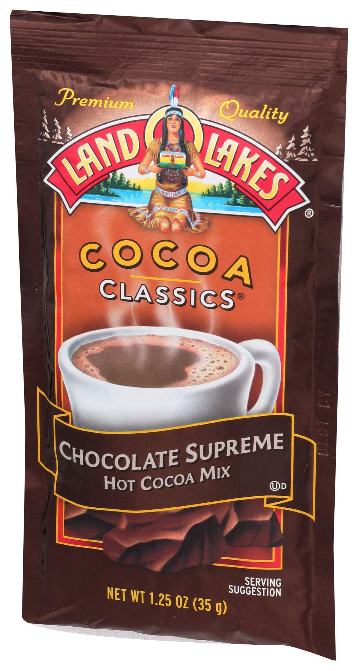 Land O Lakes Chocolate Supreme cocoa mix cup with steam evokes comforting indulgence.