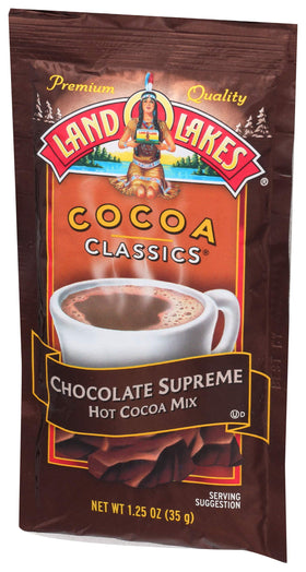 Land O Lakes Chocolate Supreme cocoa mix cup with steam evokes comforting indulgence.