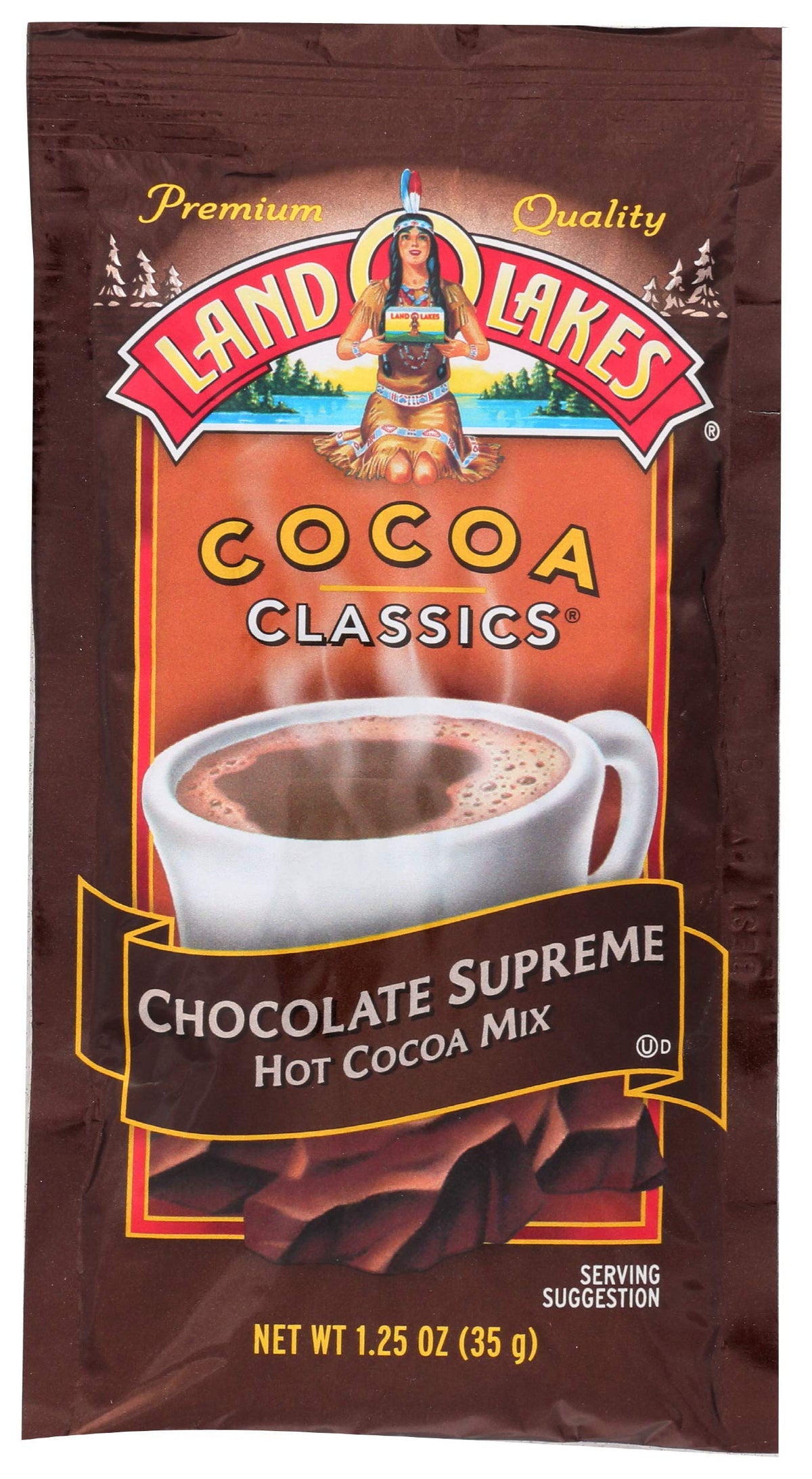 Land O Lakes Chocolate Supreme hot cocoa mix sachet close-up for cozy mornings.