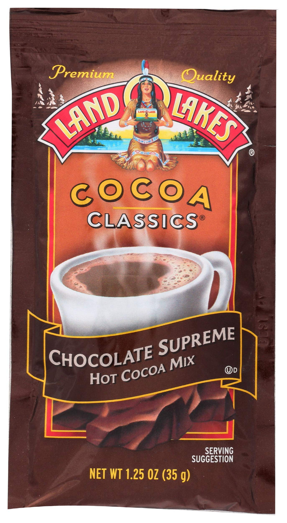 Land O Lakes Chocolate Supreme hot cocoa mix sachet close-up for cozy mornings.