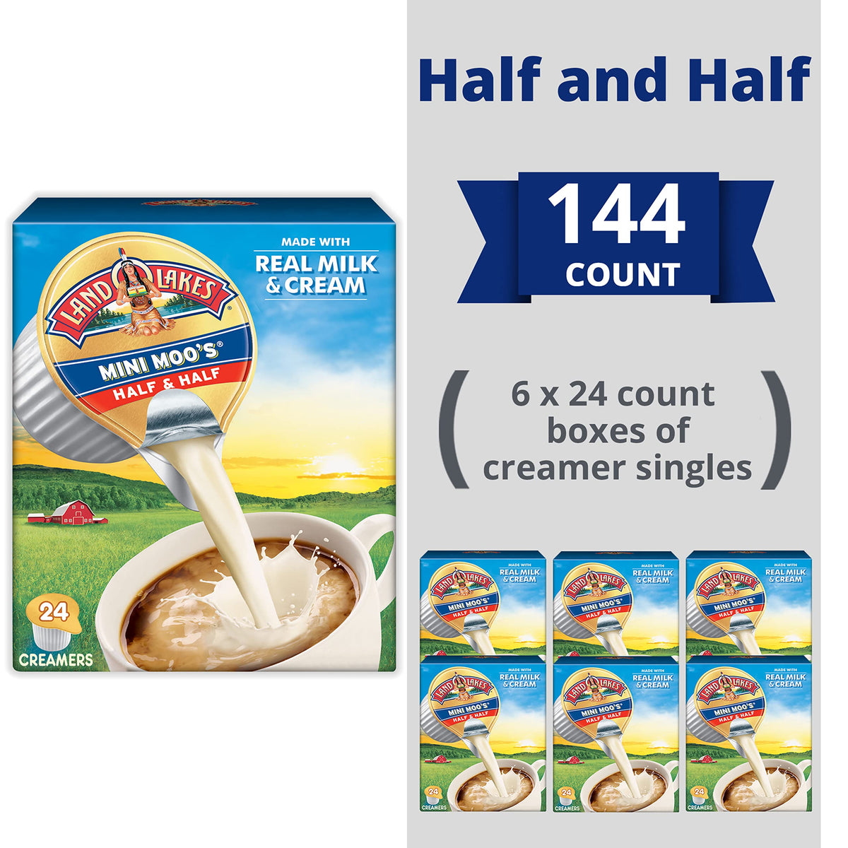 Box of 24 Mini Moo’s Half & Half singles showing shelf-stable packaging.
