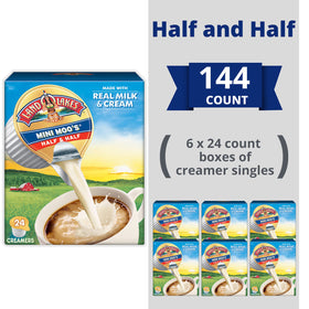 Box of 24 Mini Moo’s Half & Half singles showing shelf-stable packaging.