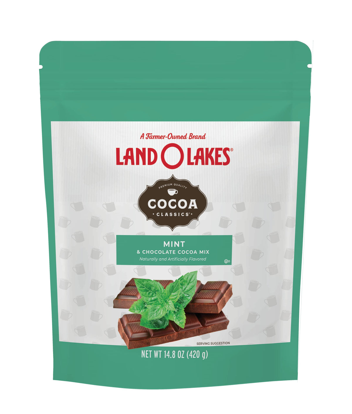 Land O Lakes Mint Cocoa Mix pouch shows rich, creamy flavor ready to brew.
